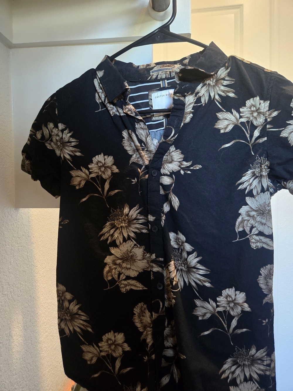 Cactus Boys Black Button-Down Shirt with Cream Floral Print